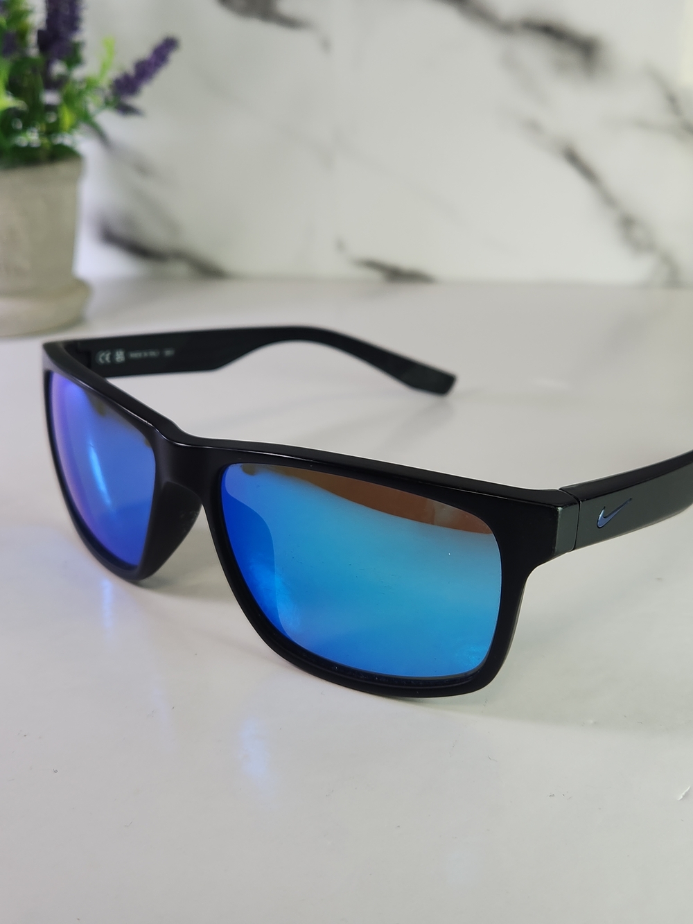 Nike Black Frame Polarized Sunglasses with Blue Mirrored Lenses